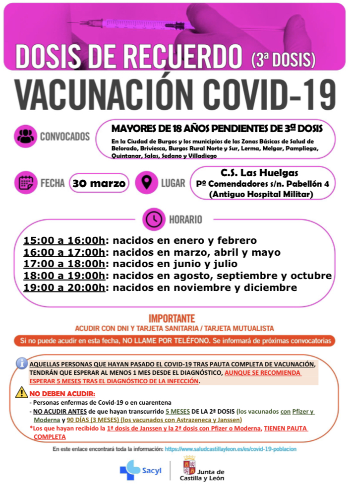 Vacunación COVID-19 mayores de 18 años pendientes de 3ª dosis