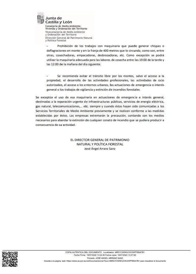 RESOLUCIÓN DEL DIRECTOR GENERAL DE PATRIMONIO NATURAL Y POLÍTICA FORESTAL POR LA QUE SE INCREMENTA LA SITUACIÓN DE RIESGO METEOROLOGICO DE INCENDIOS FORESTALES DECLARANDO SITUACIÓN DE ALARMA DEL 20 AL 24 DE JULIO COMUNIDAD AUTÓNOMA DE CASTILLA Y LEÓN