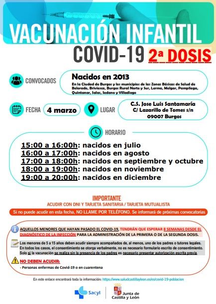 VACUNACIÓN INFANTIL COVID-19 2ª dosis nacidos en 2013