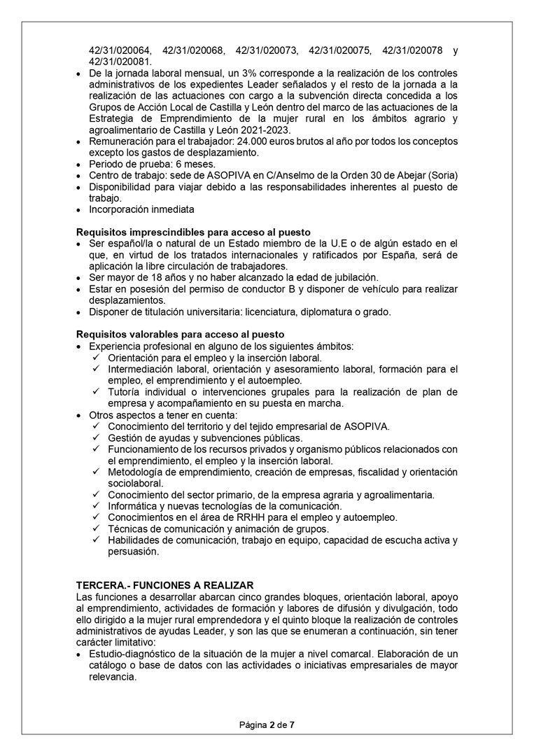 OFERTA DE EMPLEO: Técnica/o de apoyo a la mujer rural en emprendimiento y orientación laboral y controles Leader.