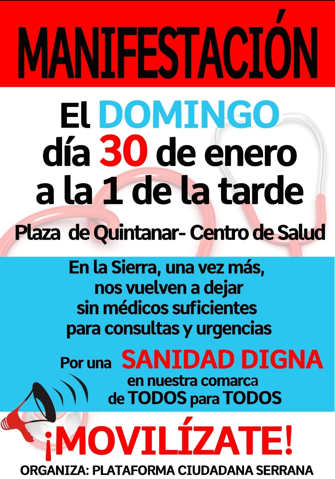 La Plataforma Serrana convoca a los vecinos a una manifestación ante la reducción de médicos en el Centro de Salud de Quintanar